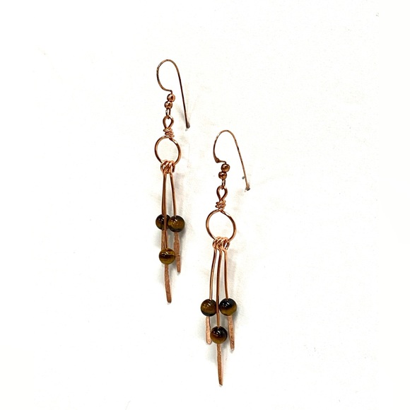 HANDMADE Tigers Eye and Hand Wrapped and Hammered Bare Copper Dangle Earrings - Picture 6 of 10